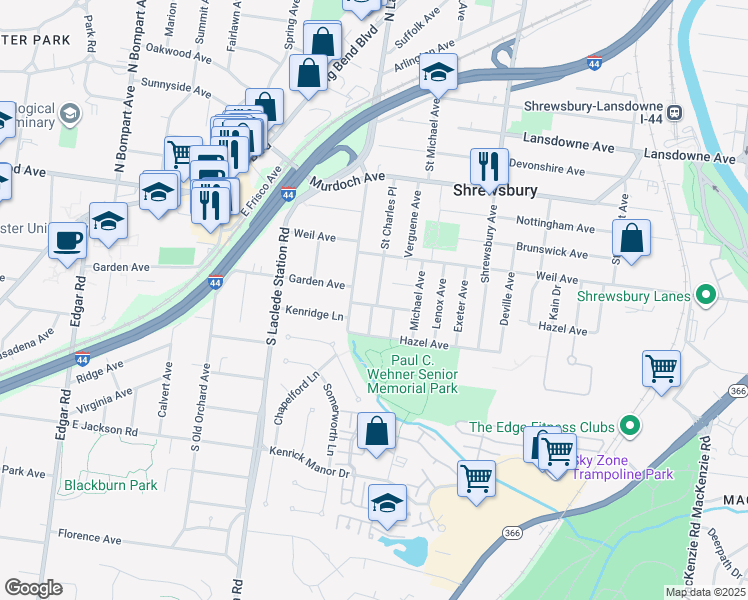 map of restaurants, bars, coffee shops, grocery stores, and more near 7735 Kenridge Lane in St. Louis