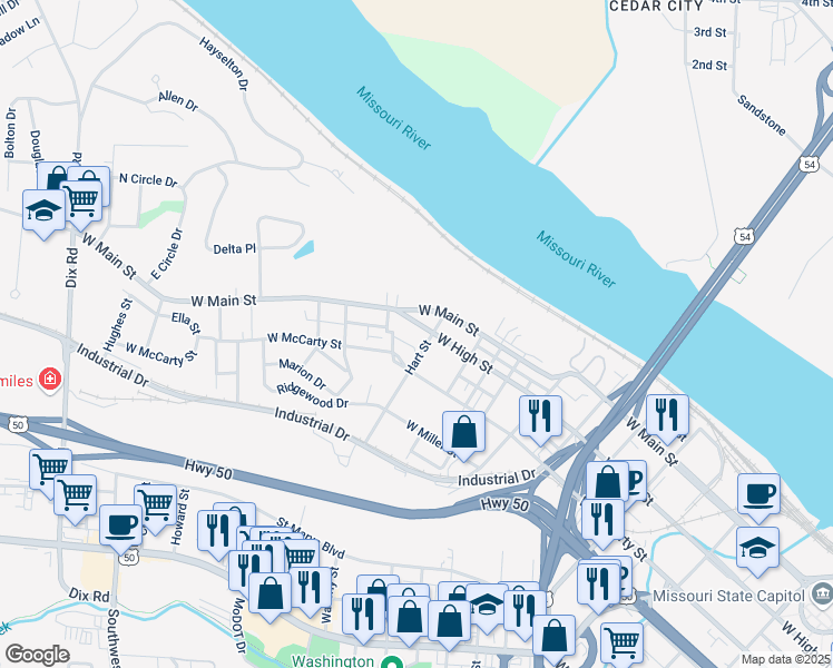 map of restaurants, bars, coffee shops, grocery stores, and more near 206 Hart Street in Jefferson City