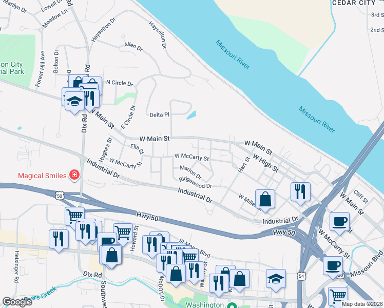 map of restaurants, bars, coffee shops, grocery stores, and more near 1604b West McCarty Street in Jefferson City
