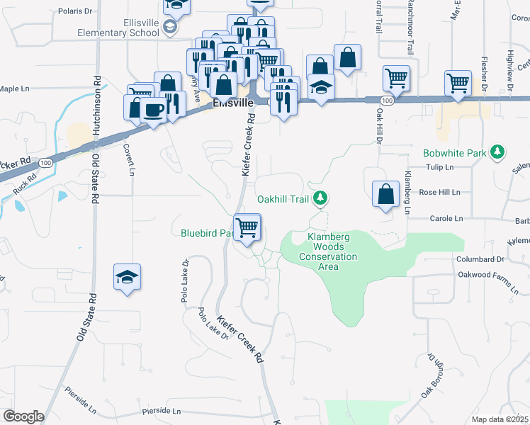 map of restaurants, bars, coffee shops, grocery stores, and more near 314 Carmel Woods Drive in Ellisville