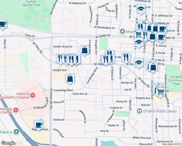 map of restaurants, bars, coffee shops, grocery stores, and more near 720 Cambridge Boulevard in O'Fallon