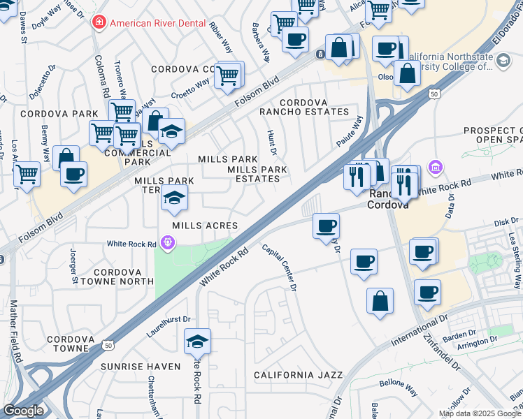map of restaurants, bars, coffee shops, grocery stores, and more near 10546 Silverwood Way in Rancho Cordova