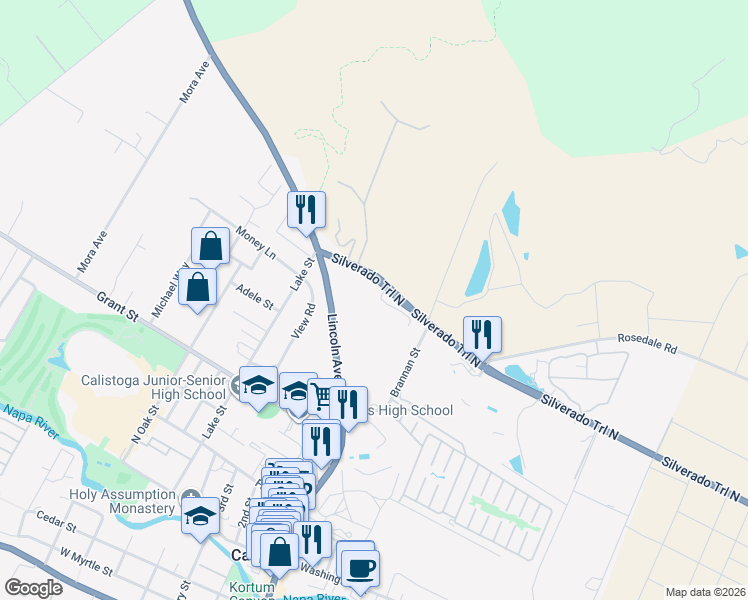 map of restaurants, bars, coffee shops, grocery stores, and more near 965 Silverado Trail North in Calistoga