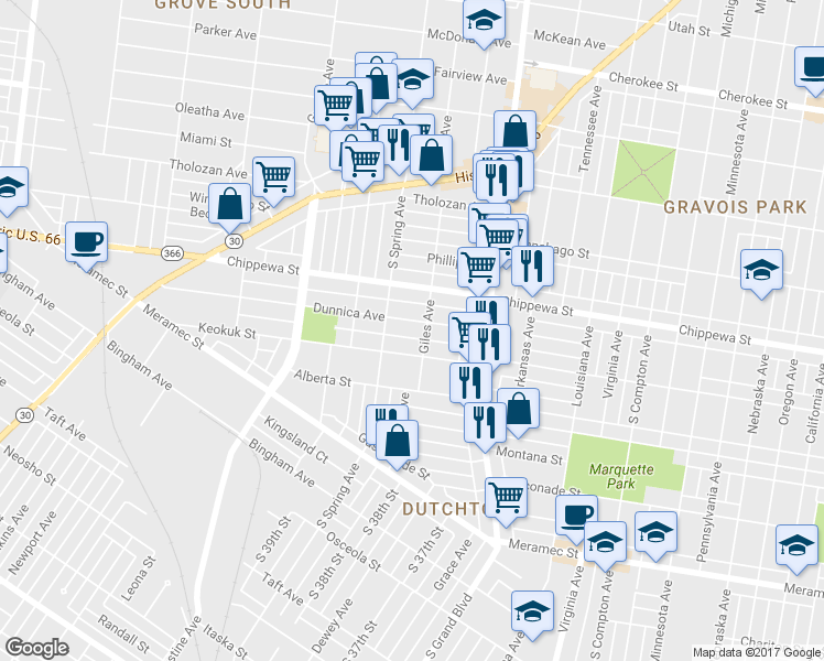 map of restaurants, bars, coffee shops, grocery stores, and more near 3710 Dunnica Ave in St Louis