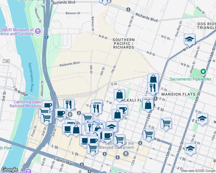 map of restaurants, bars, coffee shops, grocery stores, and more near 424 North 7th Street in Sacramento