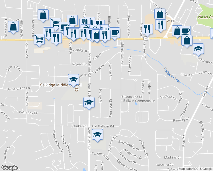 map of restaurants, bars, coffee shops, grocery stores, and more near 621 Nancy Place in Ballwin