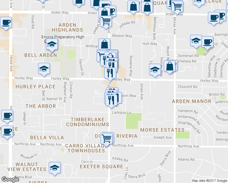 map of restaurants, bars, coffee shops, grocery stores, and more near 1250 Fulton Avenue in Sacramento