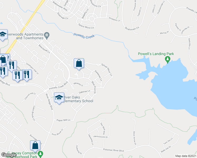 map of restaurants, bars, coffee shops, grocery stores, and more near 2507 Hildas Way in Woodbridge
