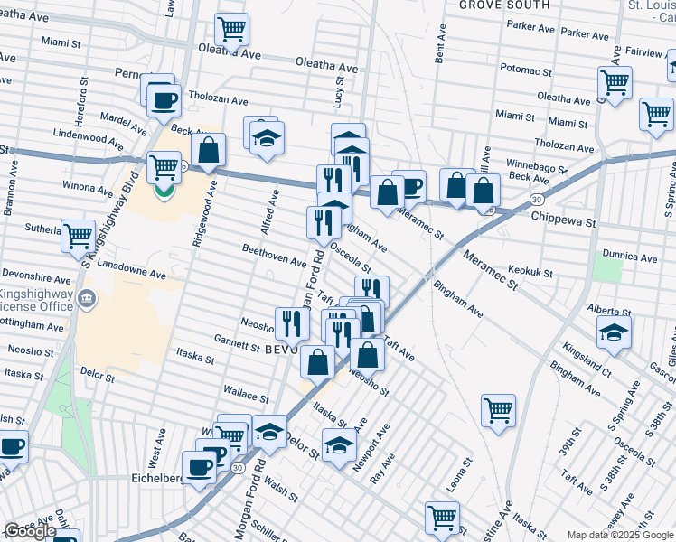 map of restaurants, bars, coffee shops, grocery stores, and more near 4233 Beethoven Avenue in St. Louis