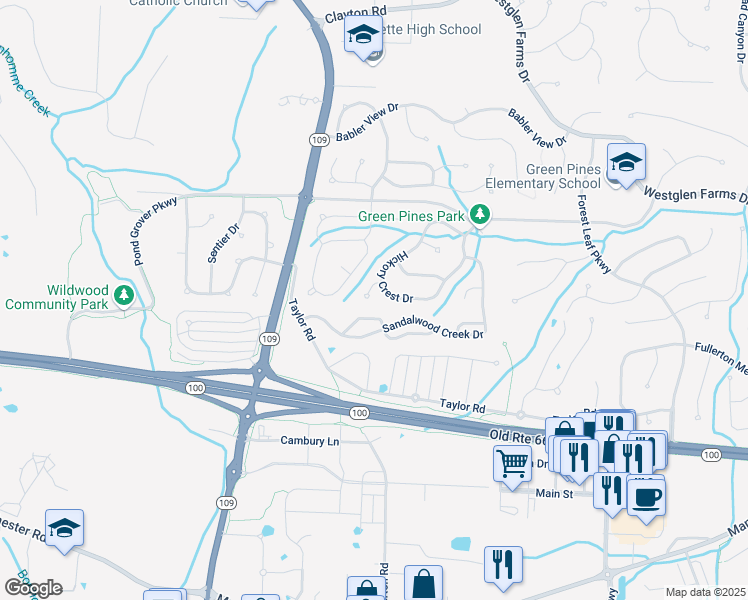 map of restaurants, bars, coffee shops, grocery stores, and more near 40 Hickory Mound Court in Ballwin