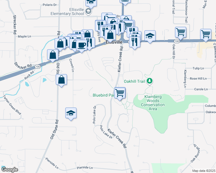 map of restaurants, bars, coffee shops, grocery stores, and more near 1334 Macklin Dr in Ellisville