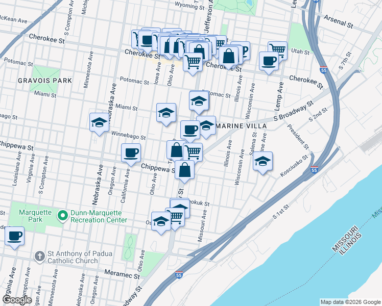 map of restaurants, bars, coffee shops, grocery stores, and more near 3712 South Jefferson Avenue in St. Louis