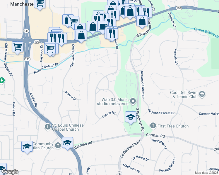 map of restaurants, bars, coffee shops, grocery stores, and more near 252 Glandore Drive in Ballwin