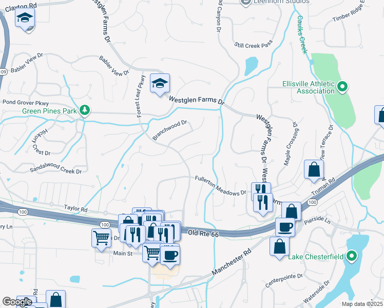 map of restaurants, bars, coffee shops, grocery stores, and more near 16513 Forest Pine Drive in Ballwin