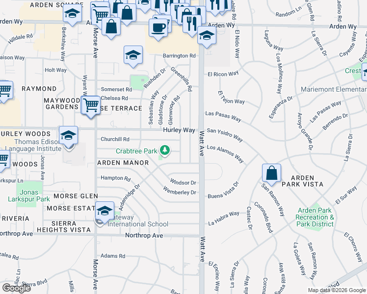 map of restaurants, bars, coffee shops, grocery stores, and more near 1204 Shadowglen Road in Sacramento