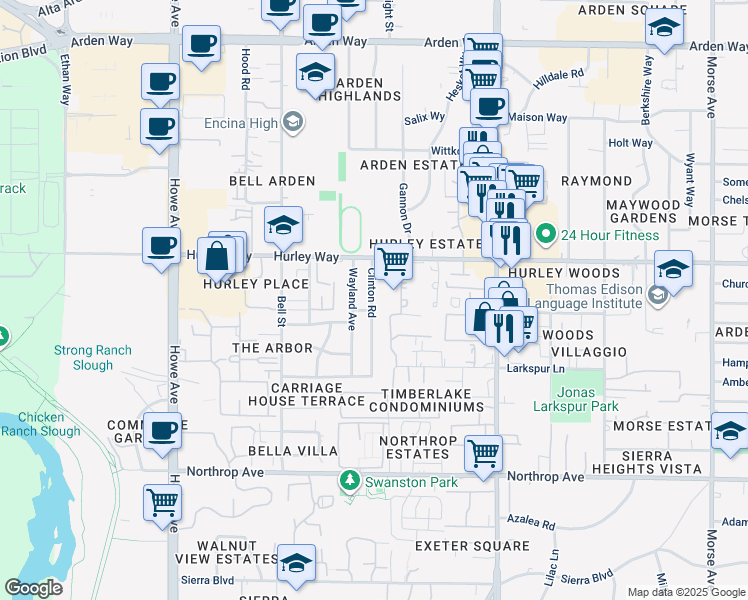 map of restaurants, bars, coffee shops, grocery stores, and more near 1213 Clinton Road in Sacramento