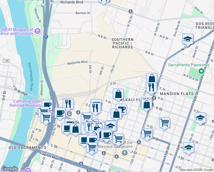 map of restaurants, bars, coffee shops, grocery stores, and more near 417 North 7th Street in Sacramento