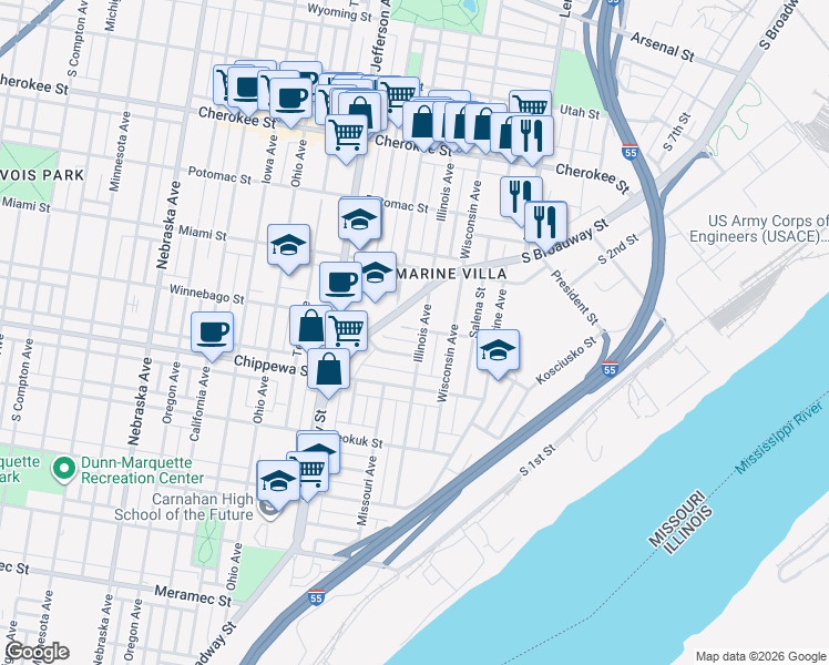 map of restaurants, bars, coffee shops, grocery stores, and more near 3701 Illinois Avenue in St. Louis
