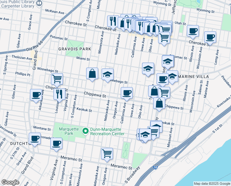 map of restaurants, bars, coffee shops, grocery stores, and more near 3737 Oregon Avenue in St. Louis