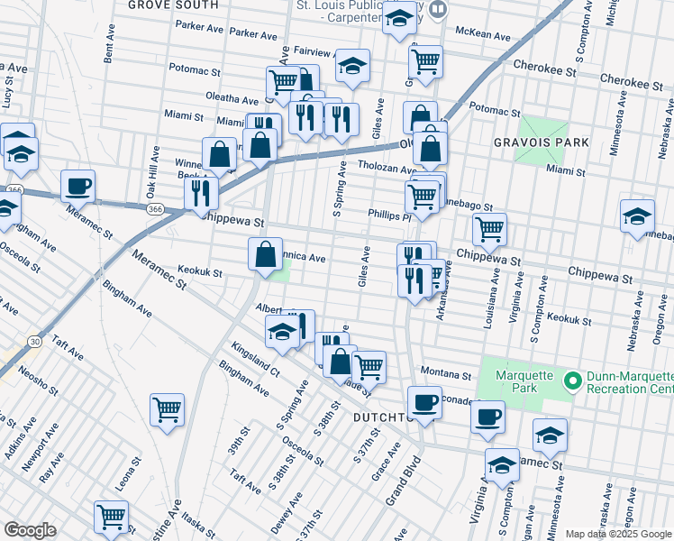 map of restaurants, bars, coffee shops, grocery stores, and more near 3754 Dunnica Avenue in St. Louis