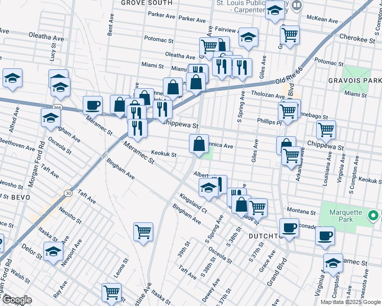 map of restaurants, bars, coffee shops, grocery stores, and more near 3857 Gustine Avenue in St. Louis