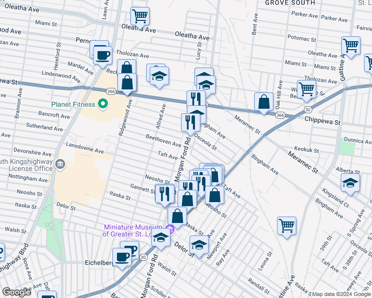 map of restaurants, bars, coffee shops, grocery stores, and more near in St. Louis