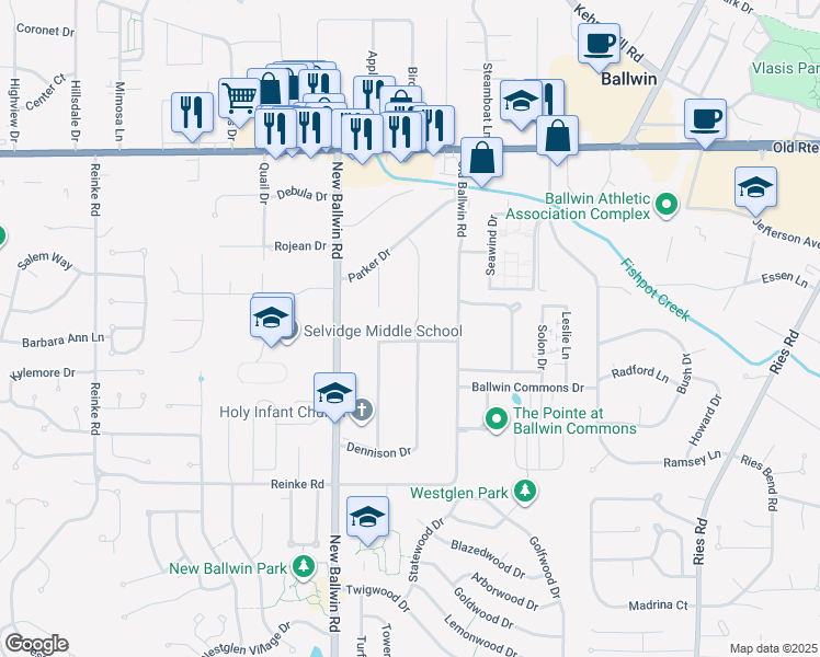 map of restaurants, bars, coffee shops, grocery stores, and more near 621 Nancy Place in Ballwin