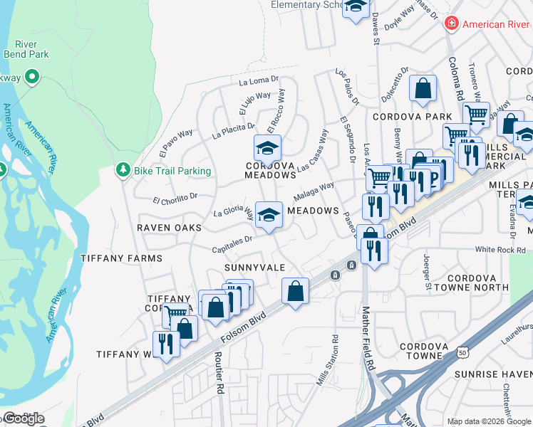 map of restaurants, bars, coffee shops, grocery stores, and more near 2714 Toro Court in Rancho Cordova