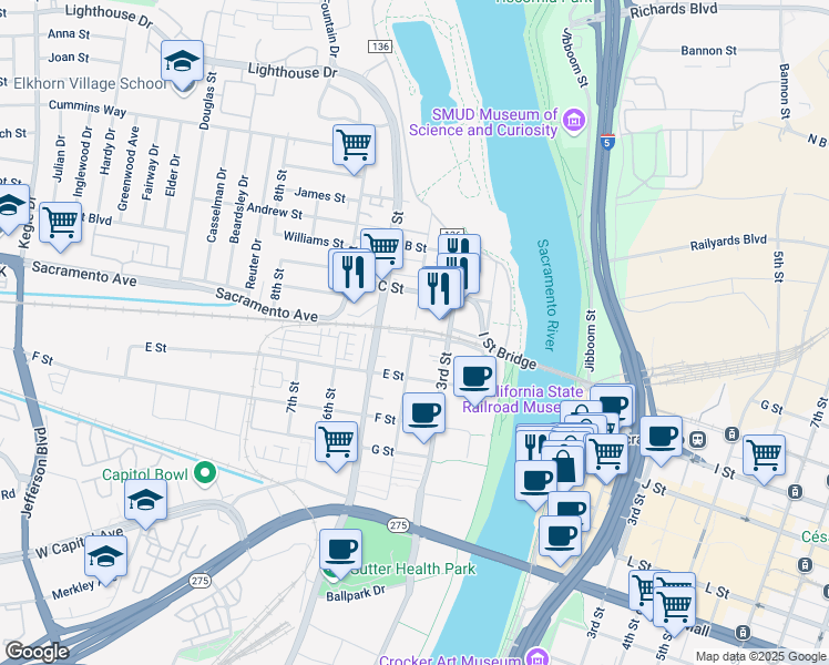 map of restaurants, bars, coffee shops, grocery stores, and more near 399 4th Street in West Sacramento