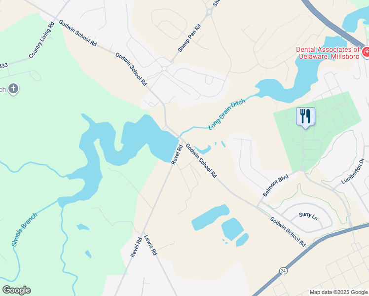 map of restaurants, bars, coffee shops, grocery stores, and more near 24352 Godwin School Road in Millsboro