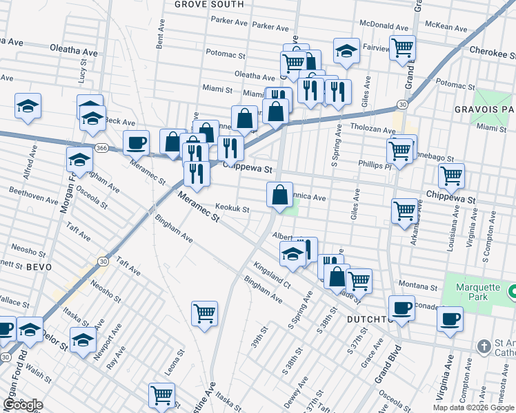 map of restaurants, bars, coffee shops, grocery stores, and more near 3925 Keokuk Street in St. Louis