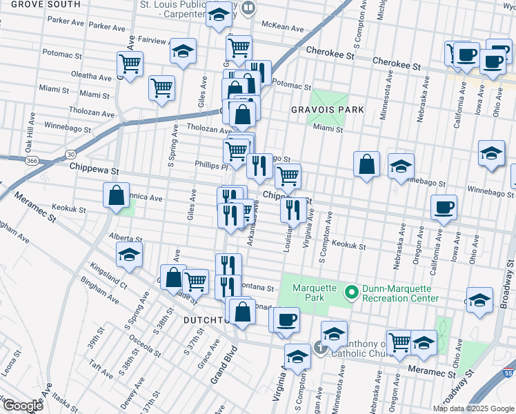 map of restaurants, bars, coffee shops, grocery stores, and more near 3459 Dunnica Avenue in St. Louis