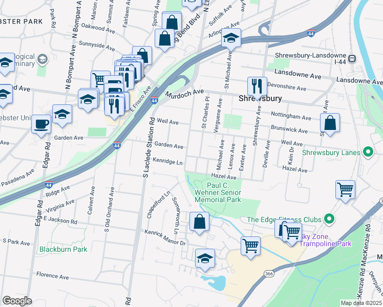 map of restaurants, bars, coffee shops, grocery stores, and more near 7735 Kenridge Lane in St. Louis