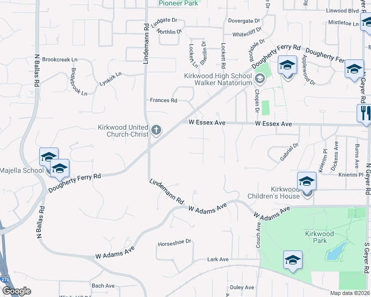 map of restaurants, bars, coffee shops, grocery stores, and more near 1329 Woodfield Manor Court in Kirkwood