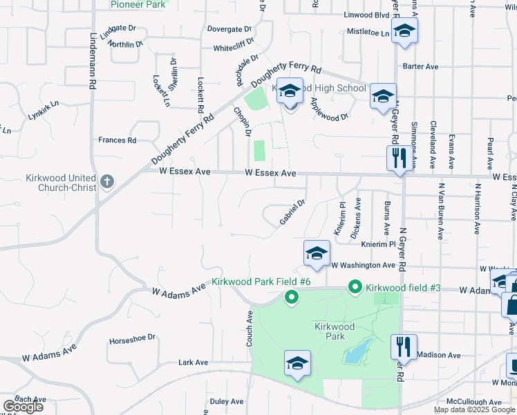 map of restaurants, bars, coffee shops, grocery stores, and more near 765 Gabriel Court in Kirkwood