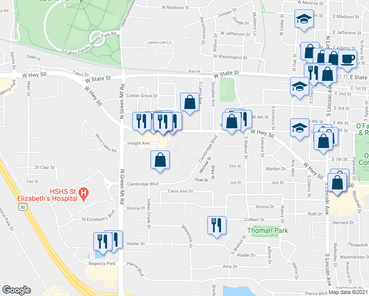 map of restaurants, bars, coffee shops, grocery stores, and more near 675 West Highway 50 in O'Fallon