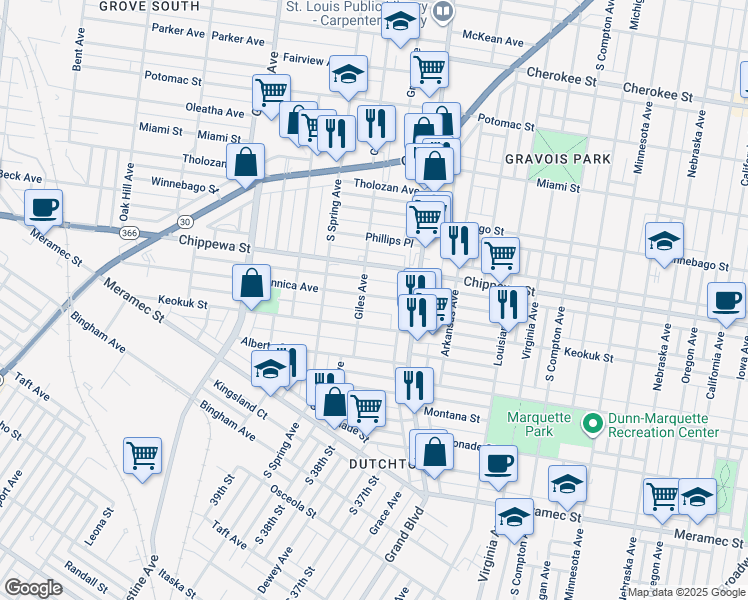 map of restaurants, bars, coffee shops, grocery stores, and more near 3646 Dunnica Avenue in St. Louis