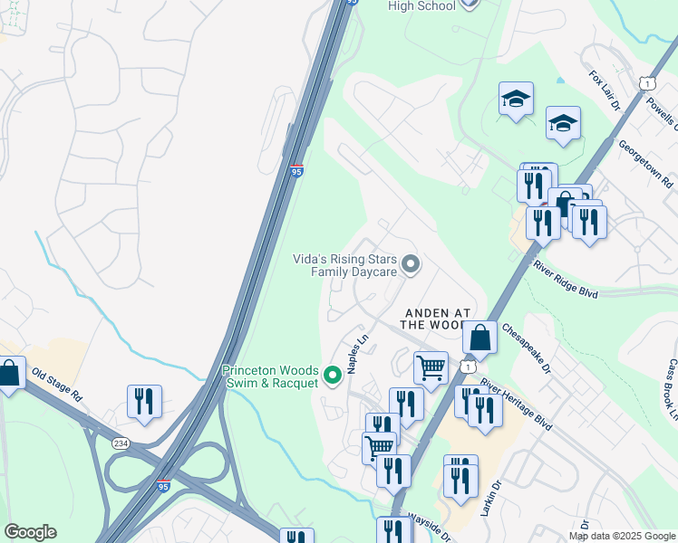 map of restaurants, bars, coffee shops, grocery stores, and more near 3458 Belleplain Court in Dumfries