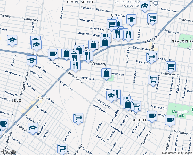 map of restaurants, bars, coffee shops, grocery stores, and more near 3933 Keokuk Street in St. Louis