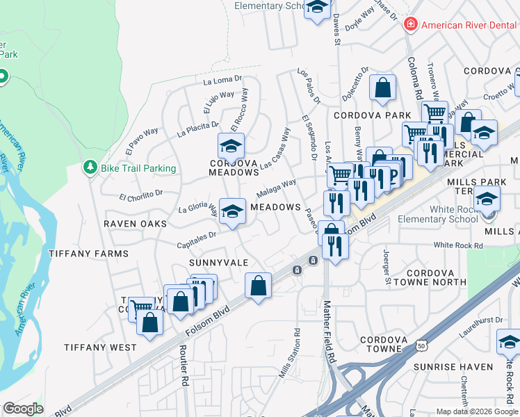 map of restaurants, bars, coffee shops, grocery stores, and more near 2724 La Verta Court in Rancho Cordova