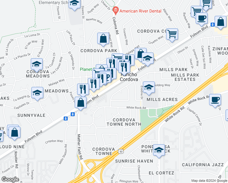 map of restaurants, bars, coffee shops, grocery stores, and more near 10361 Mills Tower Drive in Rancho Cordova