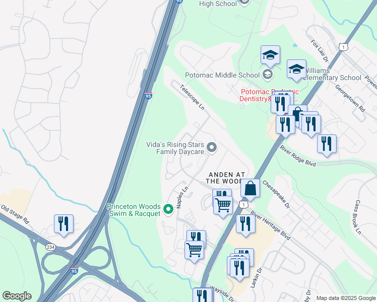 map of restaurants, bars, coffee shops, grocery stores, and more near 16839 Toms River Loop in Dumfries