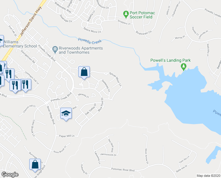 map of restaurants, bars, coffee shops, grocery stores, and more near 16793 Sweeney Lane in Woodbridge