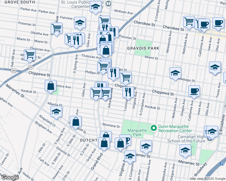 map of restaurants, bars, coffee shops, grocery stores, and more near 3457 Dunnica Avenue in St. Louis