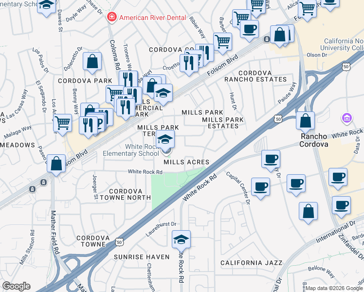 map of restaurants, bars, coffee shops, grocery stores, and more near 10508 Silverwood Way in Rancho Cordova