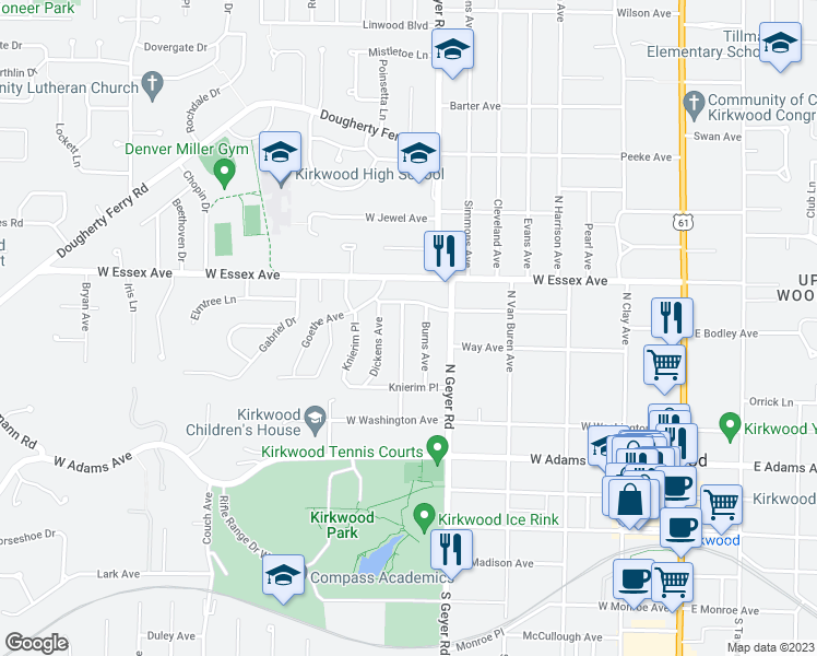 map of restaurants, bars, coffee shops, grocery stores, and more near 476 Longfellow Avenue in Kirkwood