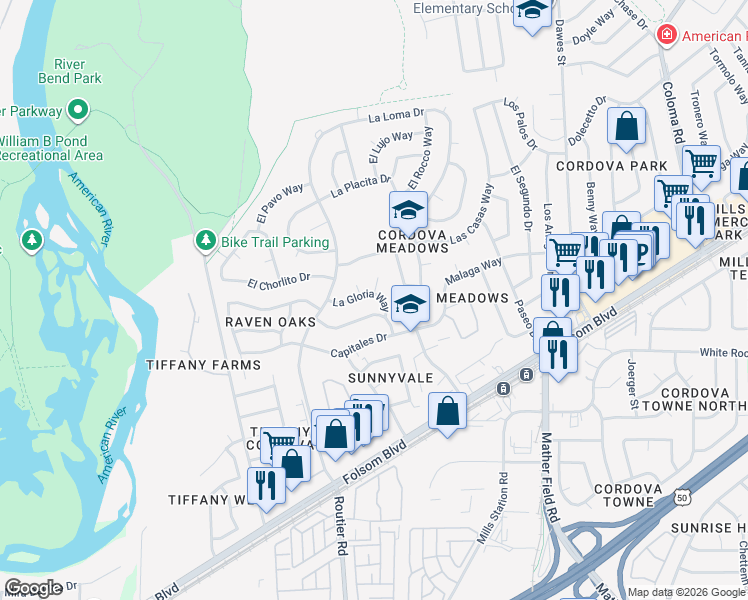 map of restaurants, bars, coffee shops, grocery stores, and more near 10154 La Gloria Way in Rancho Cordova