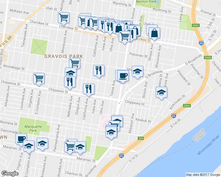 map of restaurants, bars, coffee shops, grocery stores, and more near 3719 Texas Avenue in St. Louis