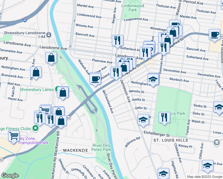 map of restaurants, bars, coffee shops, grocery stores, and more near 6747 Devonshire Avenue in St. Louis