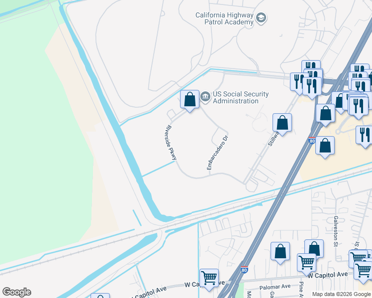 map of restaurants, bars, coffee shops, grocery stores, and more near 825 Riverside Parkway in West Sacramento